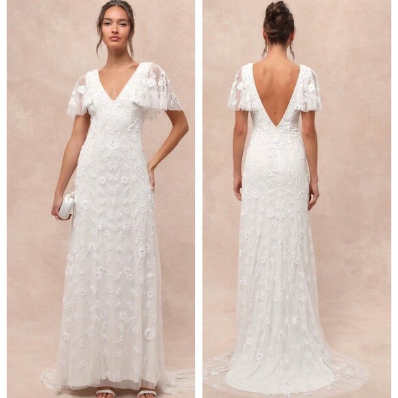 Lulus Safiya White Sequin Flutter Sleeve Maxi Wedding Dress Size Small NWT Beach - Picture 1 of 12